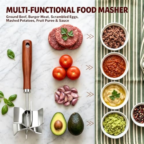 Stainless Steel Meat Masher & Potato Masher, 6 Blades Ground Beef