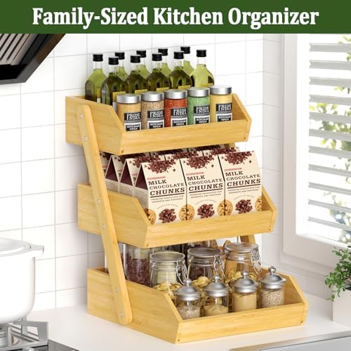 Bamboo 3 Tier Fruit Basket, Ventilated Countertop Kitchen Storage, Holds Fruits, Vegetables & Snacks, Sturdy Wooden Organizer, Simple Assembly