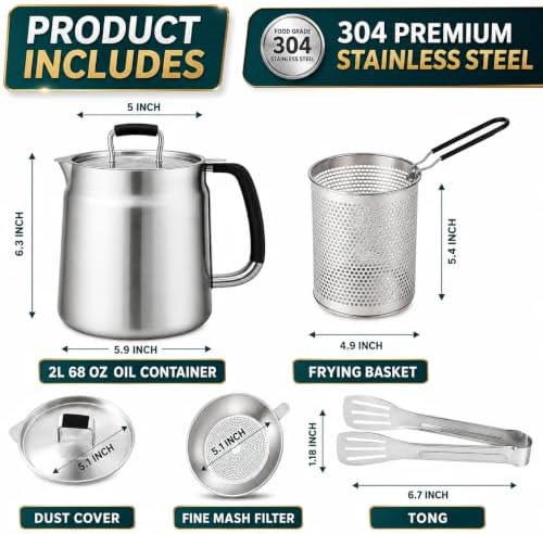 Oil Filter Pot, 68oz 2L, 304 Stainless Steel Cooking Oil Strainer
