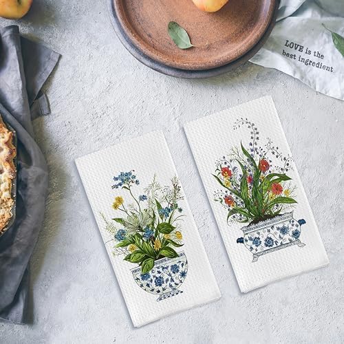 Chinoiserie Floral Kitchen Towels Set of 2 - Retro Flower Chinoiserie