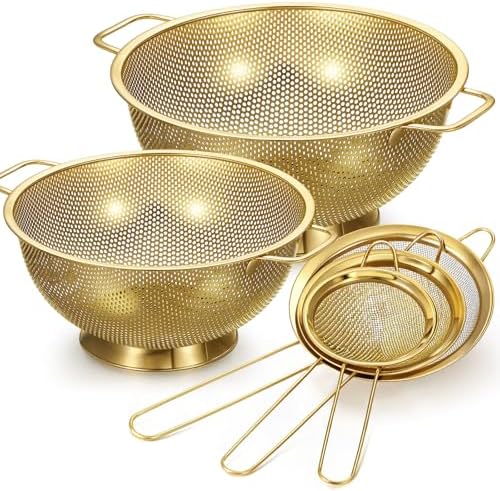 Baderke 5 Pcs Gold Strainers and Colanders Set Including 4/5 Quart