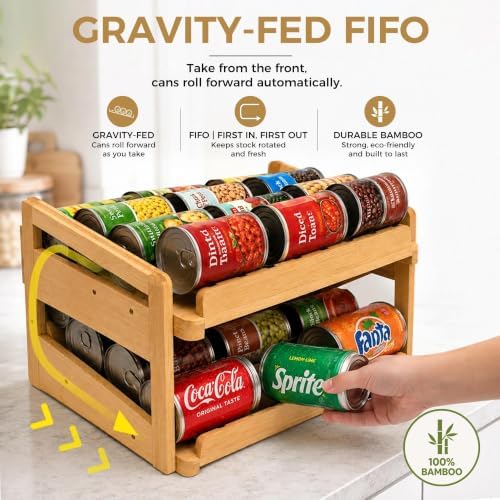 MinBoo Bamboo FIFO Can Organizer for Pantry, 24-Can Gravity Dispenser