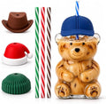 Teddy Bear Glass Cup with 4 Interchangeable Hat Lids & 4 Reusable