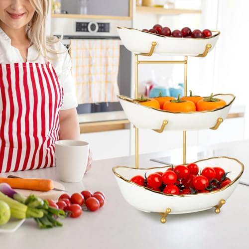 White Ceramic 3 Tier Modern Fruit Bowl with Metal Stand, Tiered Fruit Tray for Kitchen Counter, Snacks Nuts Bread Candy Storage