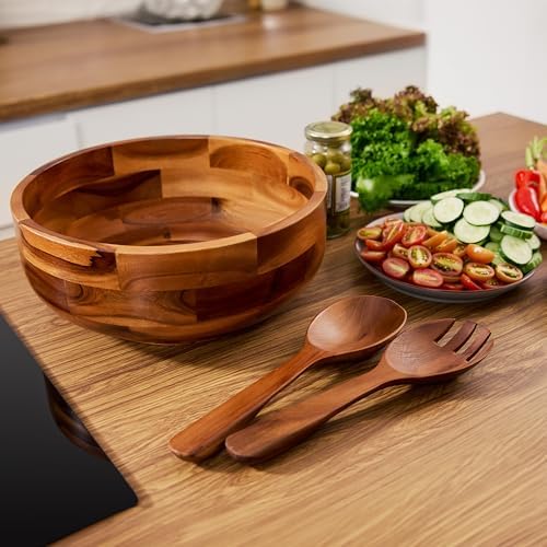 Tidita 12" Salad Bowl Set with Serving Utensils, Solid Wood, Generous