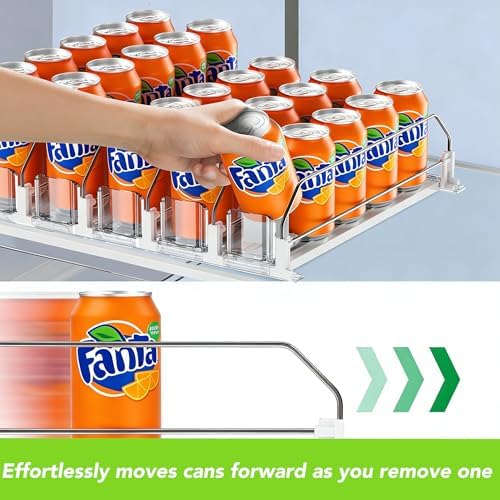 Adjustable White Fridge Organizer, Automatic Can Dispenser