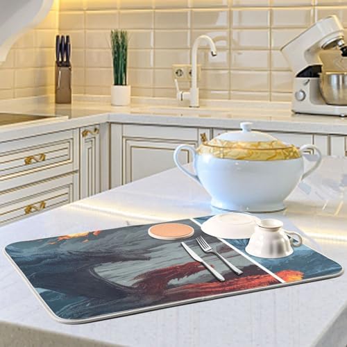 OTVEE Mystic Dragon Fire Ice Encounter Dish Drying Mat for Kitchen