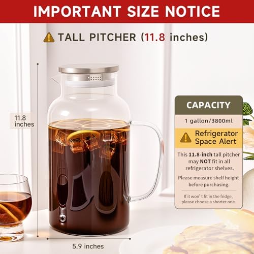 1 Gallon/3.8L Glass Pitcher with Lid and Spout, Borosilicate Glass