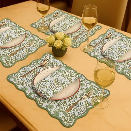 CPC Agate Green Block Print Reversible Scallop Placemat 14x20 Inch Set