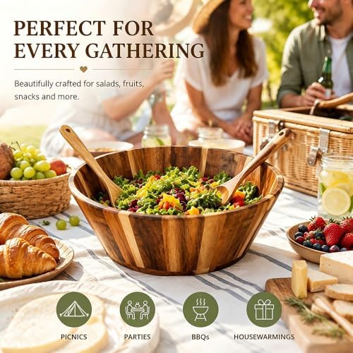 Wooden Salad Bowls, Large Acacia Wood Serving Bowl with Utensils