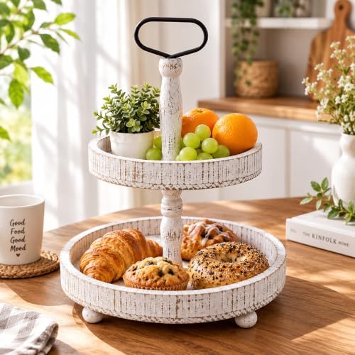 Rustic Farmhouse 2 Tier Wooden Serving Tray with Metal Handle