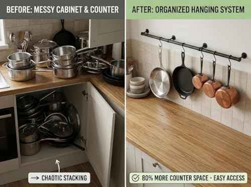 Wooden Pot Rack Wall Mounted - Pans Hanging Rack and Detachable Kitchen Lids Utensils Hanger (Black, 33.9inch/2 Pack)