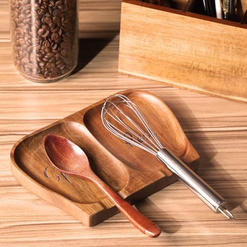 Large Acacia Wood Spoon Rest, Double Wooden Spoon Holder With Non Slip
