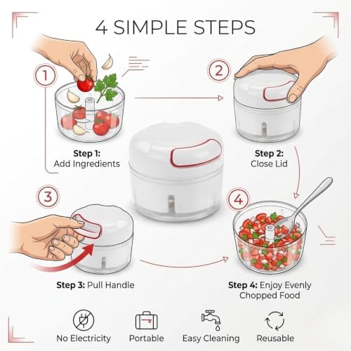 Manual Pull String Food Chopper, Portable Kitchen Mincer for
