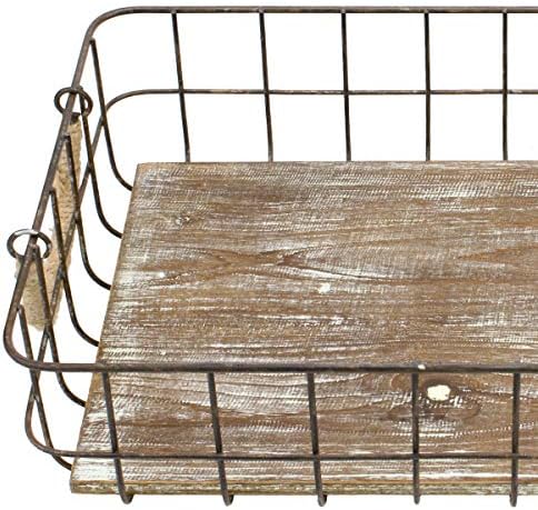 Stonebriar Stackable 2pc Rectangle Metal Wire and Wood Basket Set with