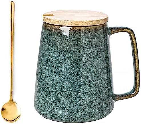 Large Ceramics Coffee Mugs,24 OZ,With Spoon And Wooden Lid,For