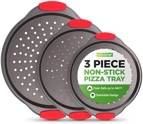 NutriChef 3-Piece Pizza Tray Set with Silicone Handles - Round