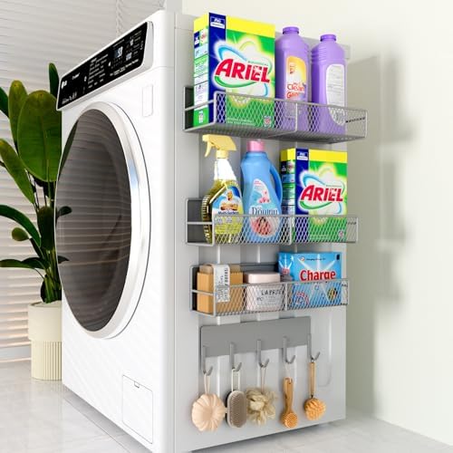 4 Pack Magnetic Washing Machine Shelves with Hooks, Grey