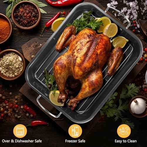 Nonstick Roasting Pan with Rack, 14.5x11.4’’ Baking Pan for Oven with Rack & Silicon Hand Clip, Heavy Duty Dishwasher Safe Rectangular Lasagna Pan with Handle for Turkey Chicken, Dark Grey