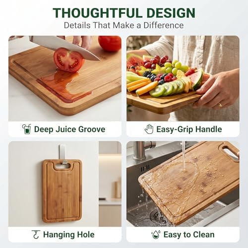 Bamboo Cutting Board Set with Holder, 3 Piece Carbonized Wood Chopping