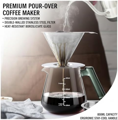 Aquach 28oz Pour Over Coffee Maker, Borosilicate Glass Carafe