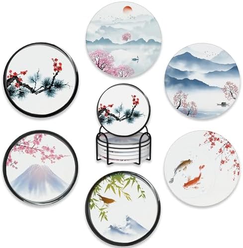 Drink Coasters Set of 6 with Holder,Japanese Cherry Blossom and