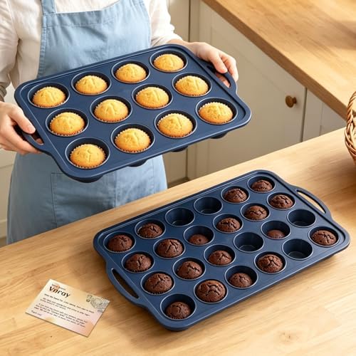 2 Pack Silicone Muffin Pan 12 & 24 with Frame Non Stick Cupcake Baking