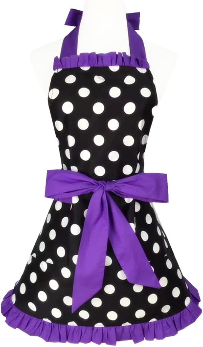 Hyzrz Cute Apron Retro Black Polka Dot Retro Ruffle Side Vintage Cooking Aprons by Hyzrz