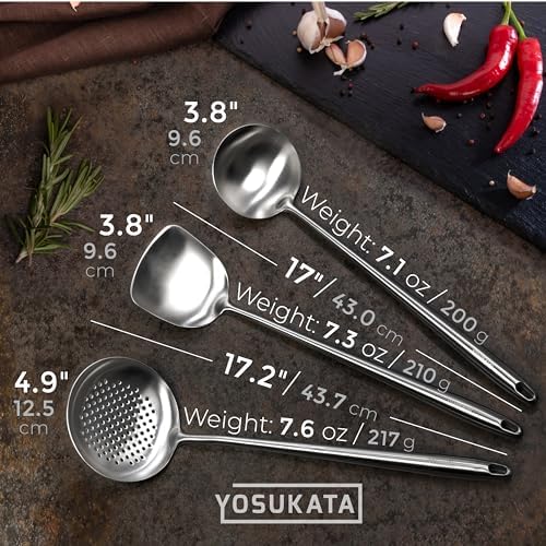YOSUKATA 17" Stainless Steel Wok Spatula Ladle and Skimmer Spoon Set