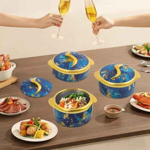 3-Piece 2.6/2.1/1.3qt Thermal Casserole Dish Set with Lids, Insulated Stainless Steel Container for Hot & Cold Food, Serving Bowl for Buffets, Parties, Holidays - Blue