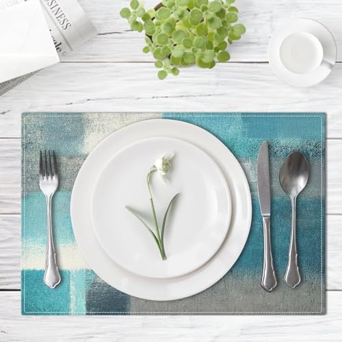 Emvency Farmhouse Placemats Set of 4, 12x18 Inch, Teal and Grey