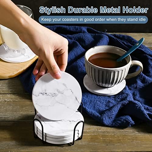 Absorbent Coasters for Drinks,Ceramic Coaster Set of 6 with Holder
