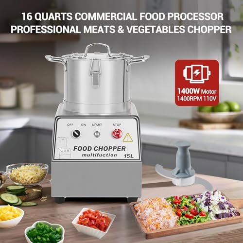 1400W Stainless Steel Food Processor, 16QT Commercial Capacity