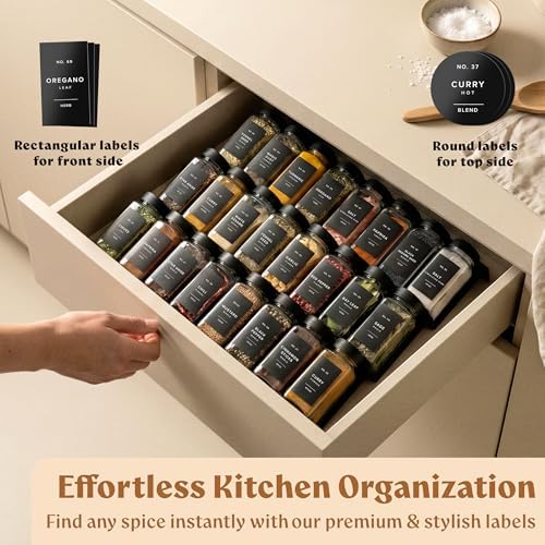 EDELHAUS Glass Spice Jars with Labels, 24x Matte Black Lids - 4oz Set