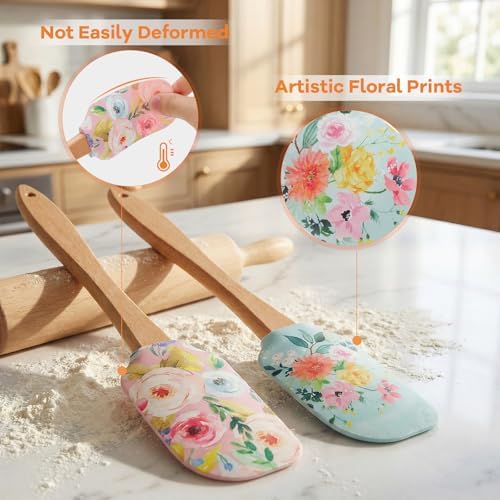 MAGICLULU 2Pcs Floral Silicone Spatula Set with Wooden Handle, Heat