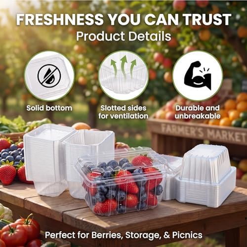Baderke 50 Pcs Plastic Berry Basket, Small Molded Produce Vented