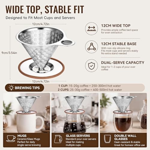 Pour Over Coffee Dripper, Triple-Layer Stainless Steel 800-Mesh Filter