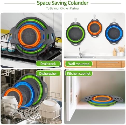 Tri-Color Silicone Collapsible Colander Set (3Pcs 2/4/6 QT) - Space