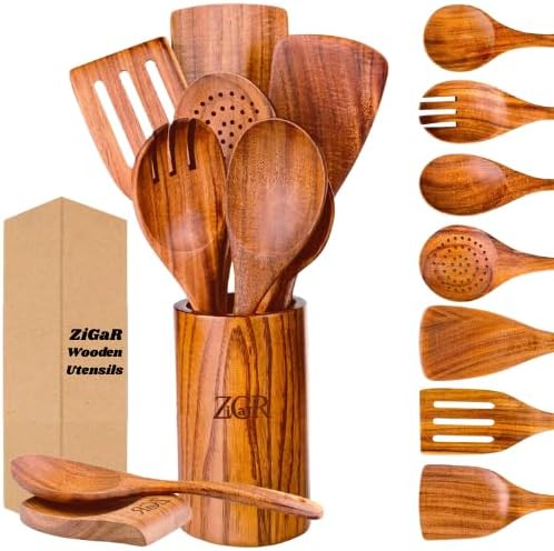 9 Pieces Natural Teak Wood Kitchen Utensil Set