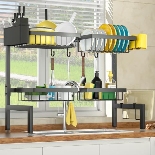 SNSLXH 4-Basket 2-Tier Over-Sink Dish Drying Rack, 26.57"-35"