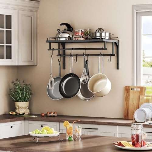 CHOEZON Hanging Pot Rack, Wall-Mounted Pot Rack, Kitchen Cookware Organizer, Metal Pot and pan Organizer Holder, for Cookware, Utensils Organization, Black TPR37BB