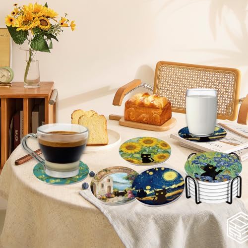 Colorful Black Cat Coasters Set of 6 with Holder