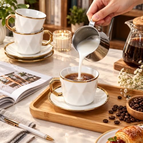 Coffee Cup Set of 6 with Saucers, 3.5 OZ Ceramic Demitasse Espresso