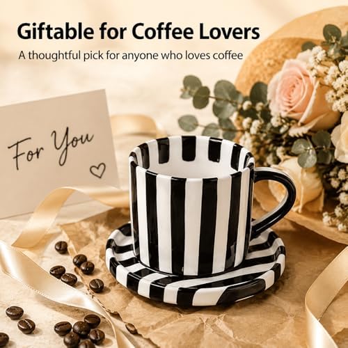 Black and White Striped Tea Cup and Saucer Set of 2, 8 oz Ceramic