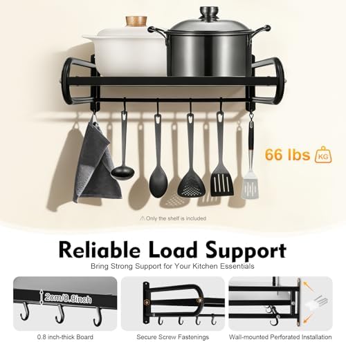 Wall Mount Microwave Shelf with 6 Hooks, Black