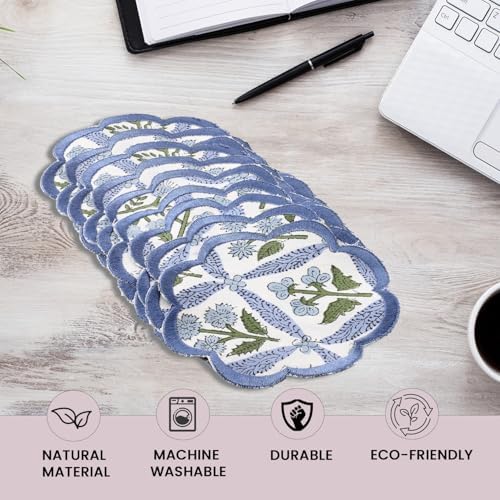 Ridhi 8-Pcs 100% Cotton Hand Block Print Drink Coasters 5 Inch Steel