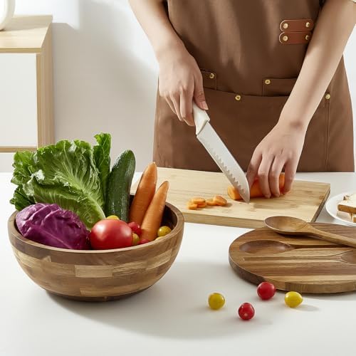 Acacia Wooden Salad Bowl with Lid, Built-in Acacia Wood Utensils