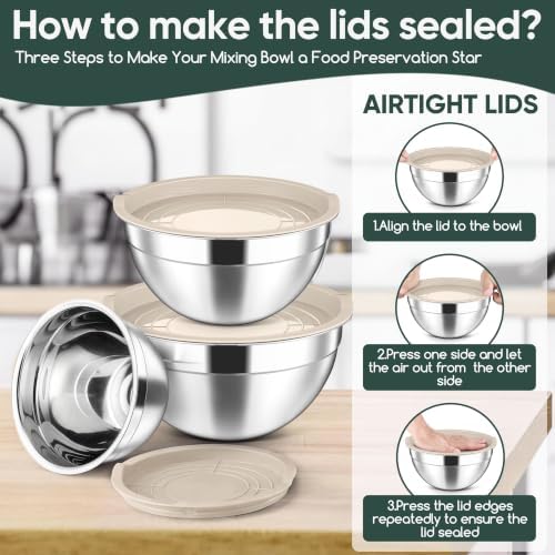 Herogo Stainless Steel Mixing Bowls with Lids Set of 3, 1.5/3/4.6Qt, Khaki
