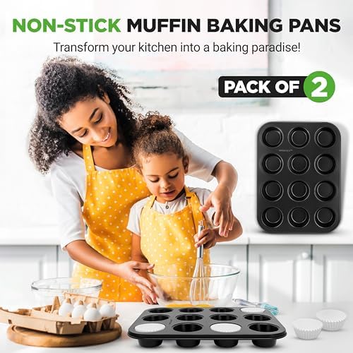 NutriChef Muffin Pans for Baking 2-Pack | Nonstick 12 Mold Cupcake
