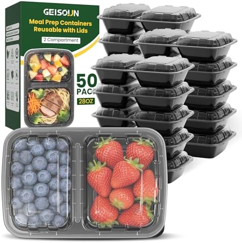 50 Pack 28oz Meal Prep Containers with Lids 2-Compartment, To Go Take